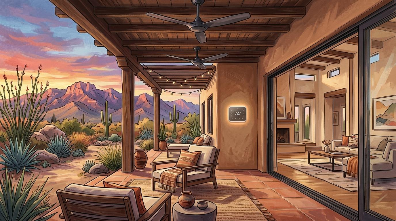 Artistic interpretation of modern desert indoor-outdoor living with covered California room and mountain views