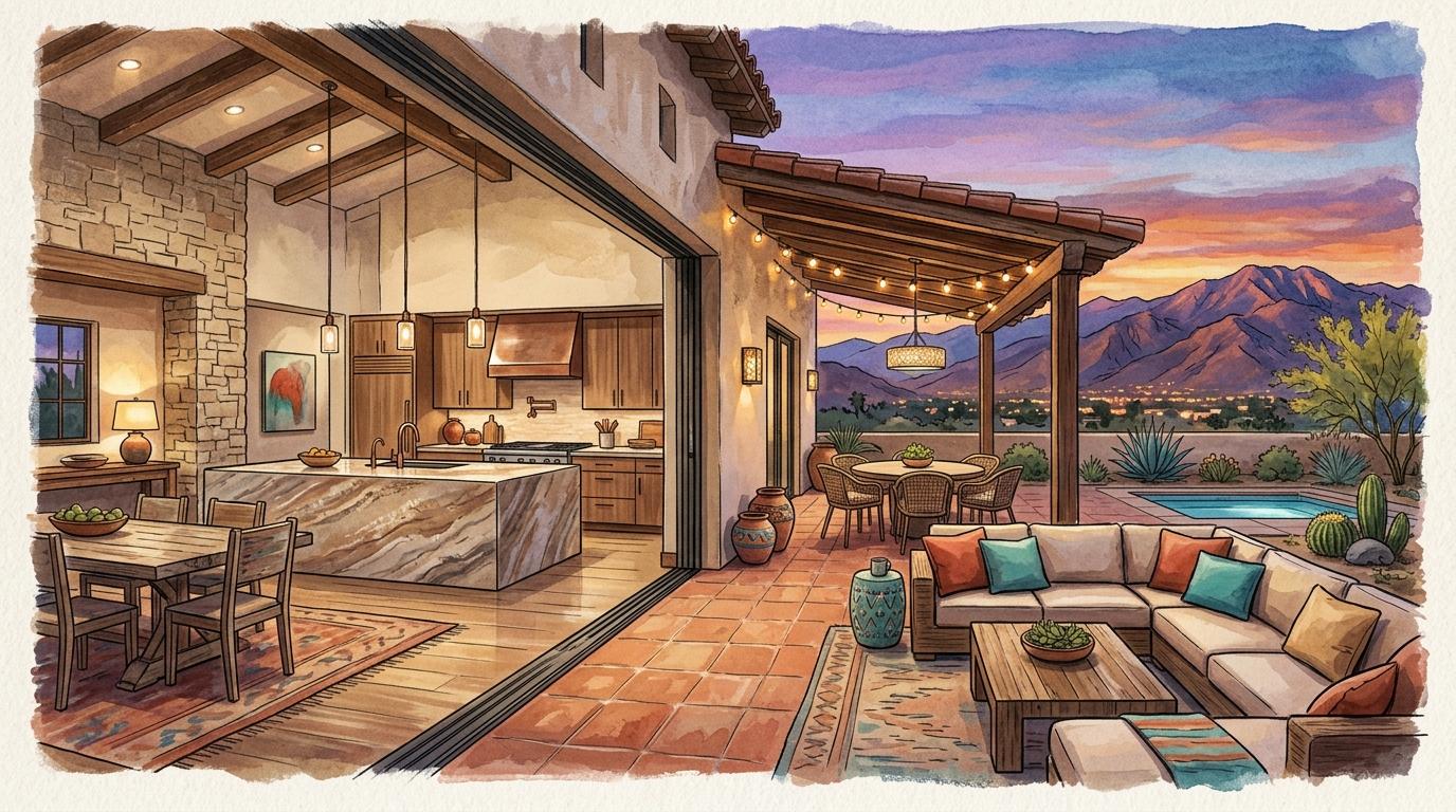 Artistic desert living scene depicting open-concept great room, slab granite kitchen island, and smart home tech opening to a twilight patio in Cathedral City near Palm Springs