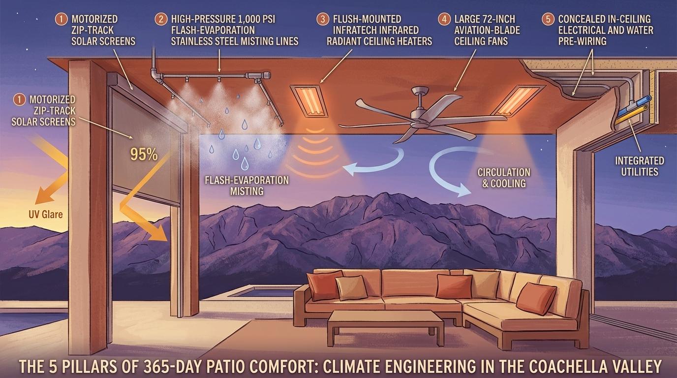 Artistic California Room climate control engineering diagram illustrating motorized screens, 1,000 PSI misting, infrared heaters, and pre-wiring