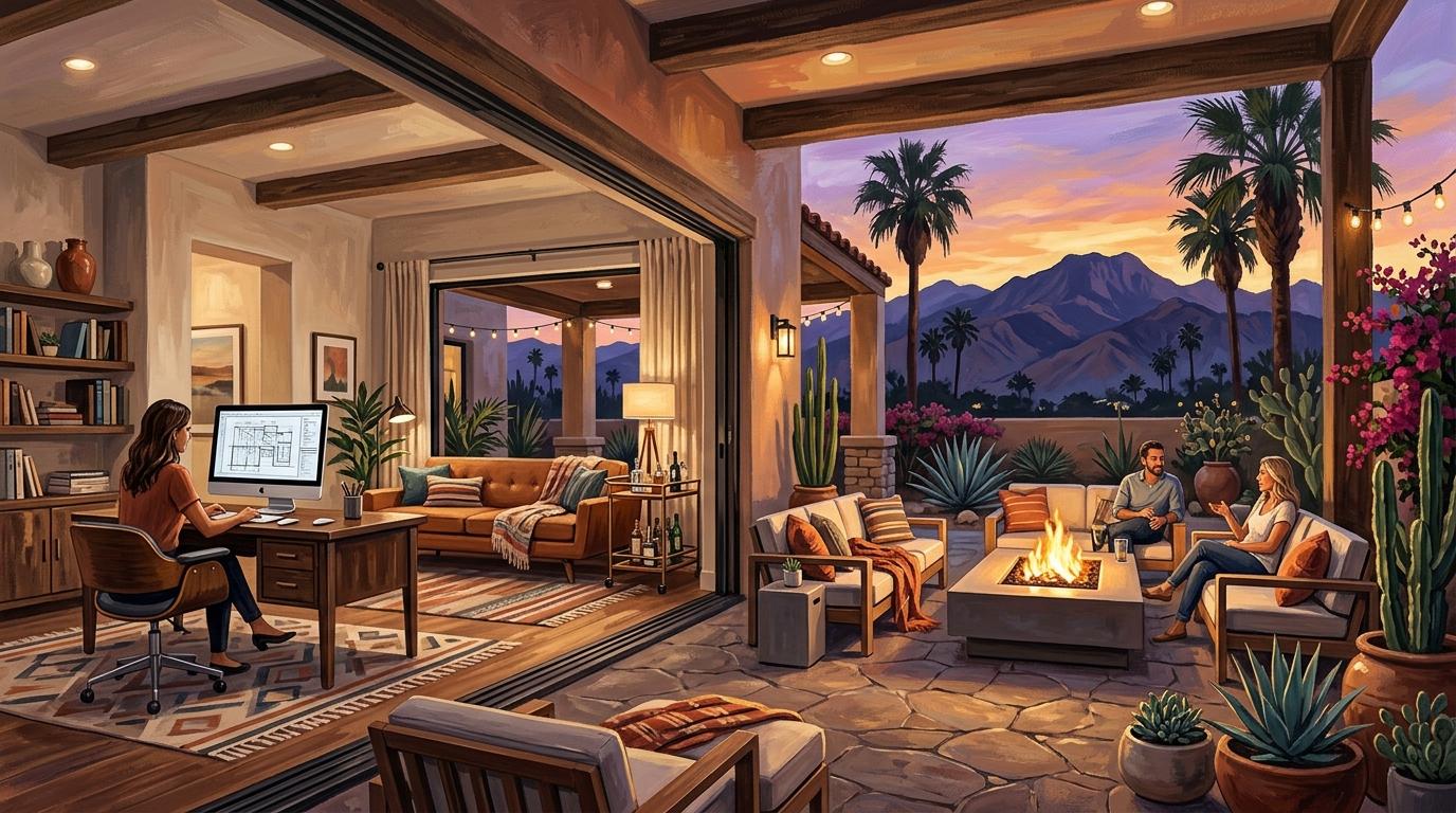 Artistic interpretation of indoor-outdoor desert living and executive home office opening to twilight patio with mountain views