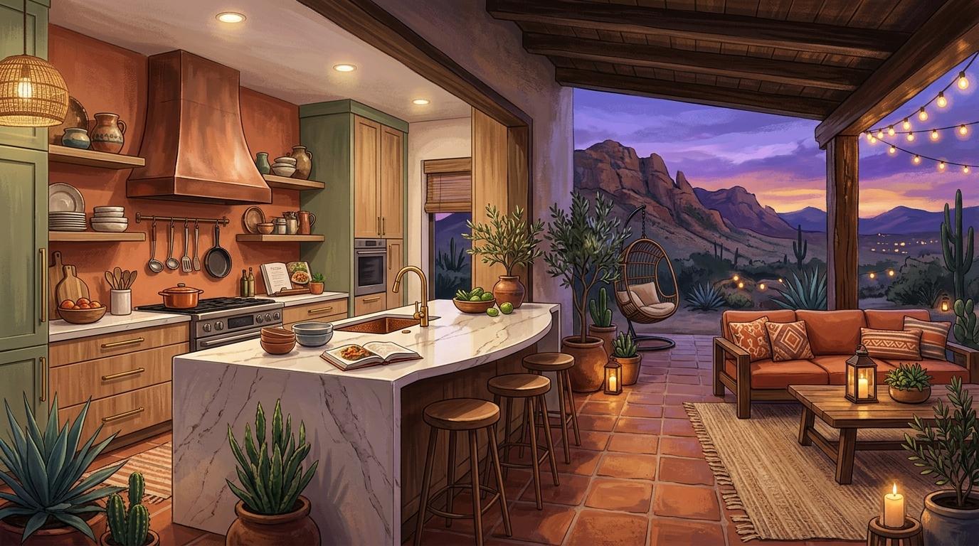 Artistic interpretation of modern desert living interior and covered California room in Greater Palm Springs