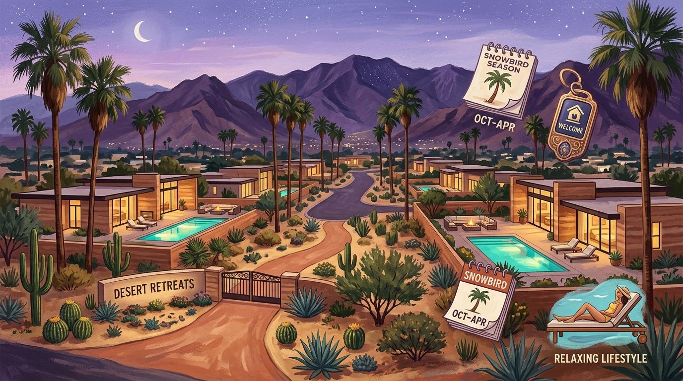 Artistic conceptual illustration of luxury desert second-home living, gated communities, and seasonal snowbird leasing