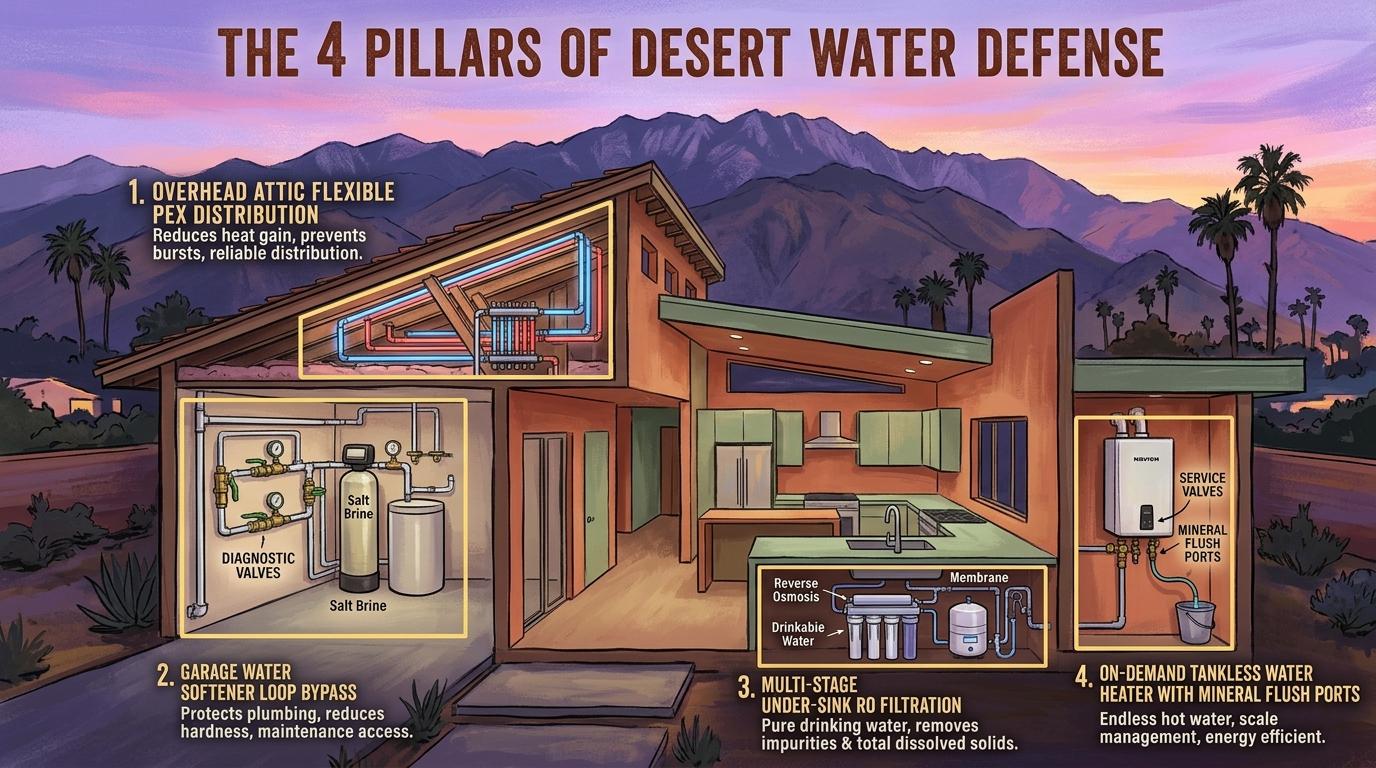 Artistic architectural plumbing building science diagram showing overhead attic PEX piping, garage softener loop, under-sink reverse osmosis, and tankless water heater