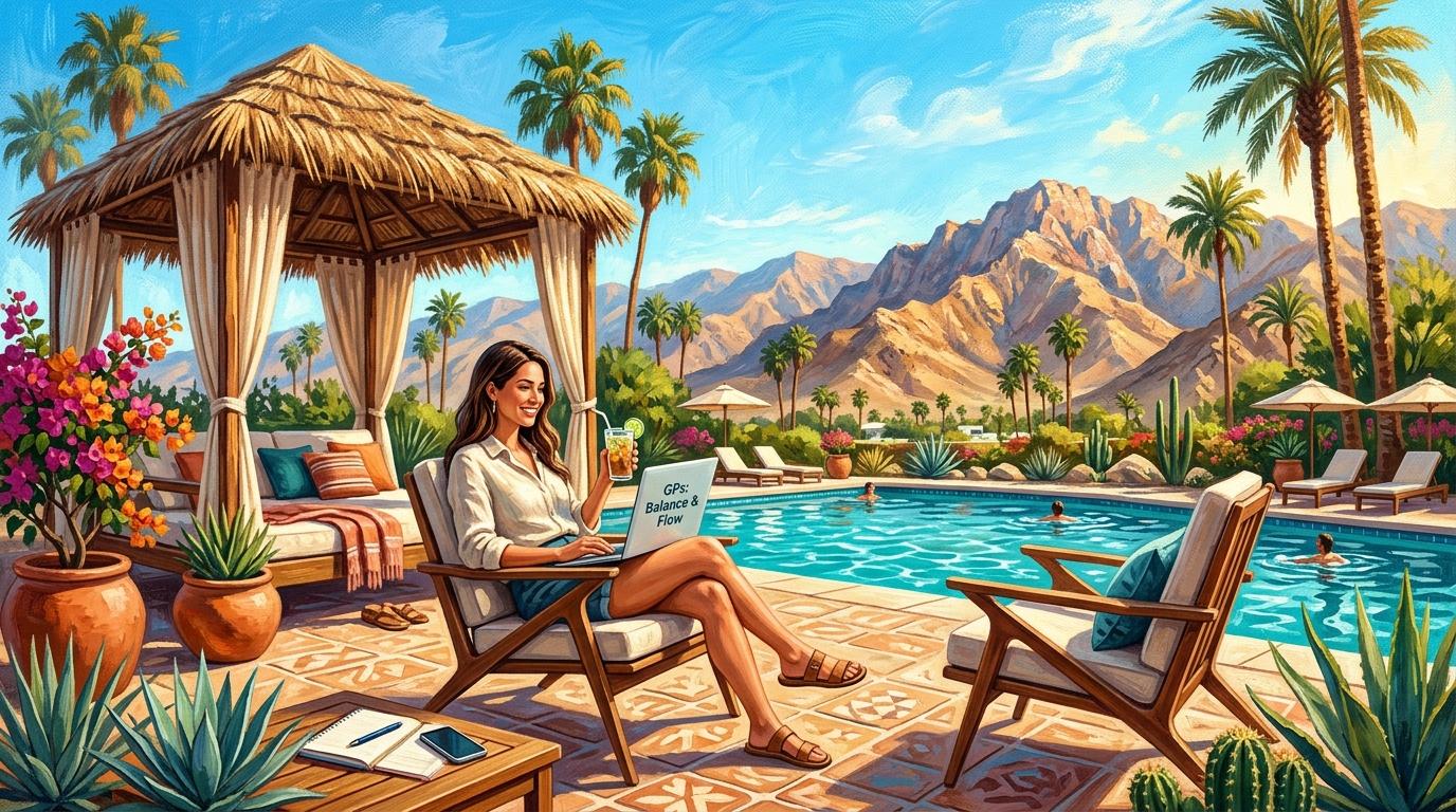 Artistic rendering of a modern remote professional enjoying a poolside lunch break under palm trees and mountain views in Greater Palm Springs