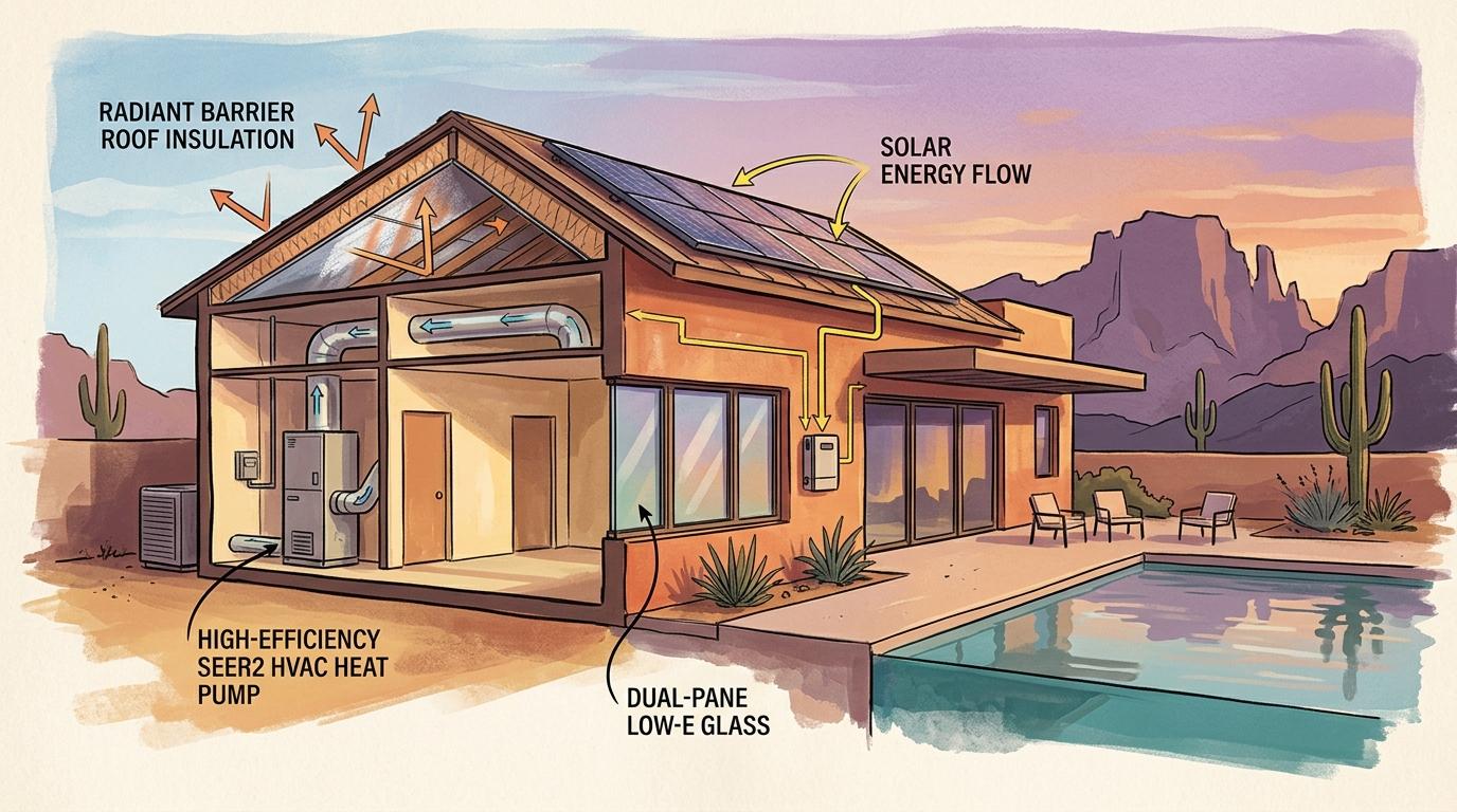 Artistic architectural cutaway illustration of a modern desert home showing radiant barrier roof insulation, SEER2 heat pump, low-E glass, and solar energy flow