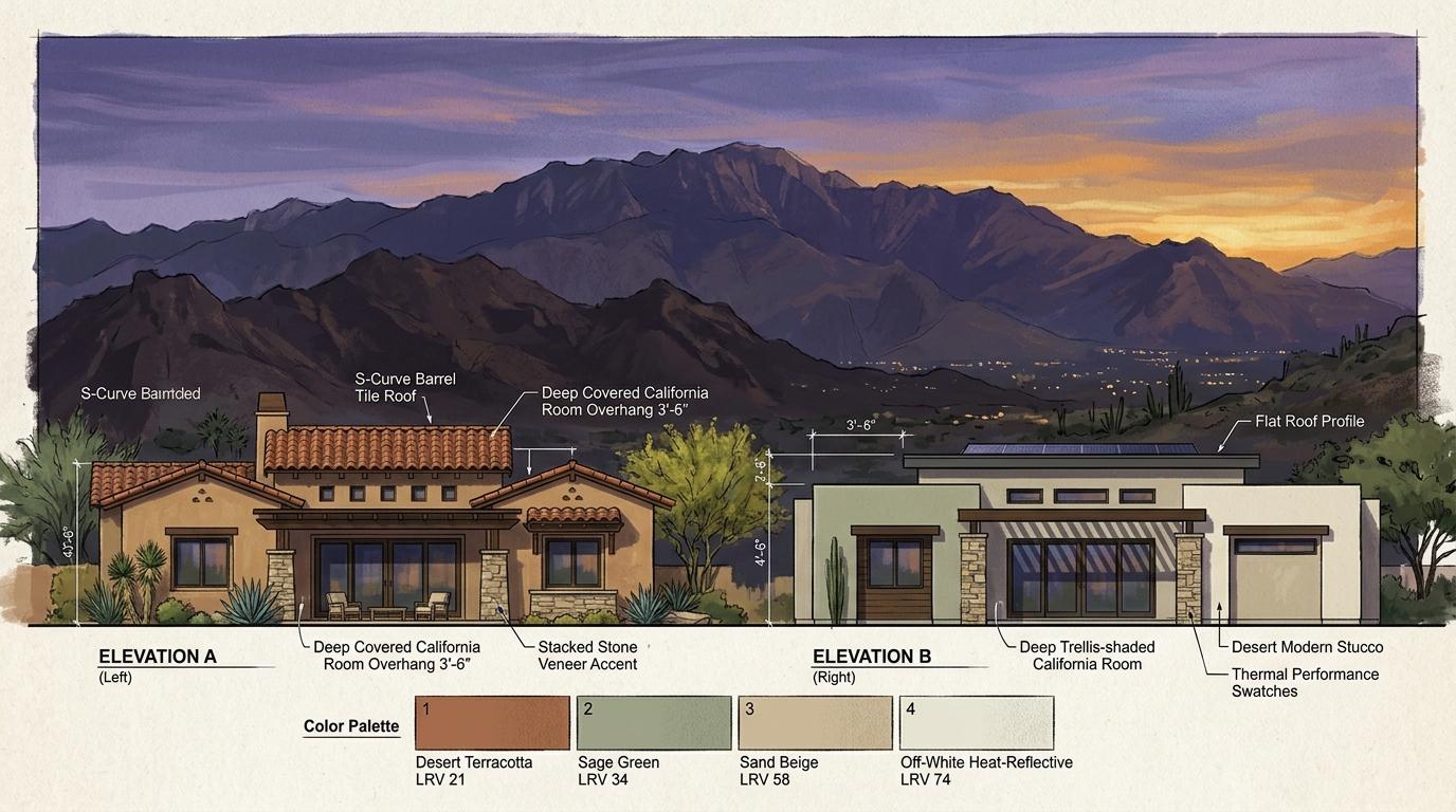 Artistic architectural design and elevation blueprint diagram comparing Spanish Mediterranean and Contemporary Desert Modern elevations, roof profiles, and LRV swatches