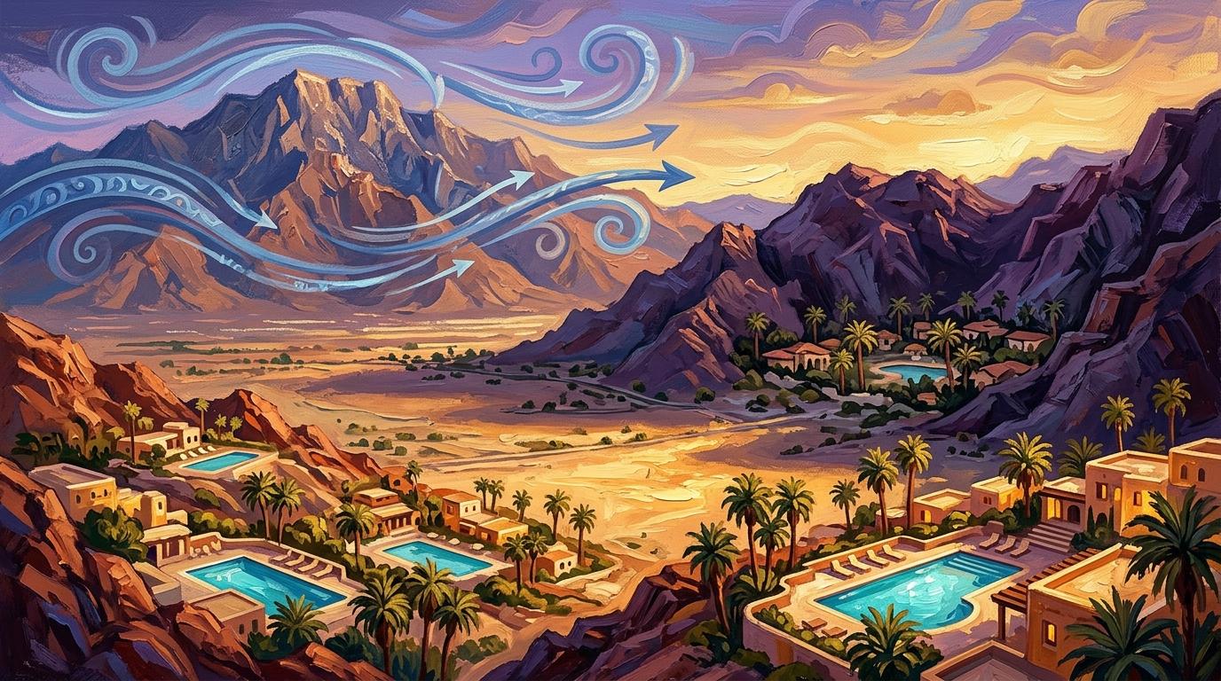 Artistic meteorological illustration of Coachella Valley microclimates showing mountain winds, sheltered coves, and sun-drenched pool terraces