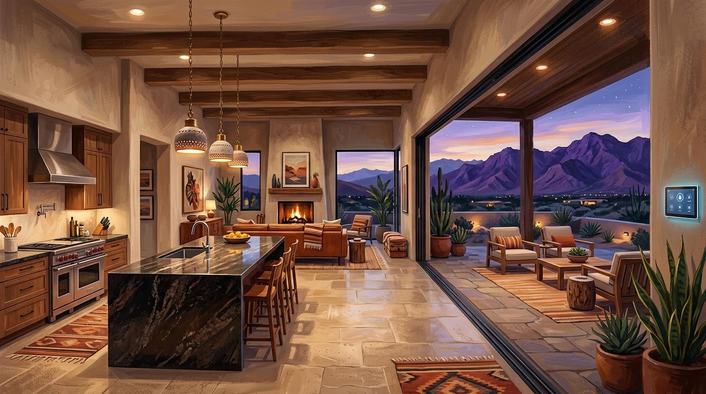 Artistic desert living scene depicting open-concept great room, slab granite kitchen island, and smart home tech opening to a twilight patio in Indio